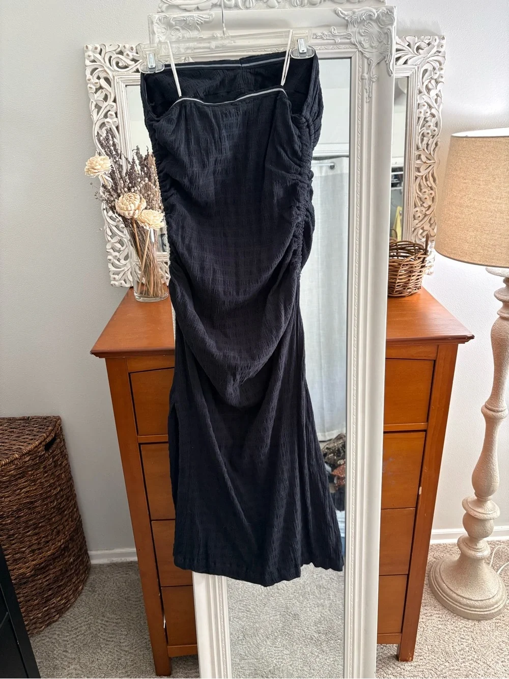 Black Ruched Strapless Maxi Dress